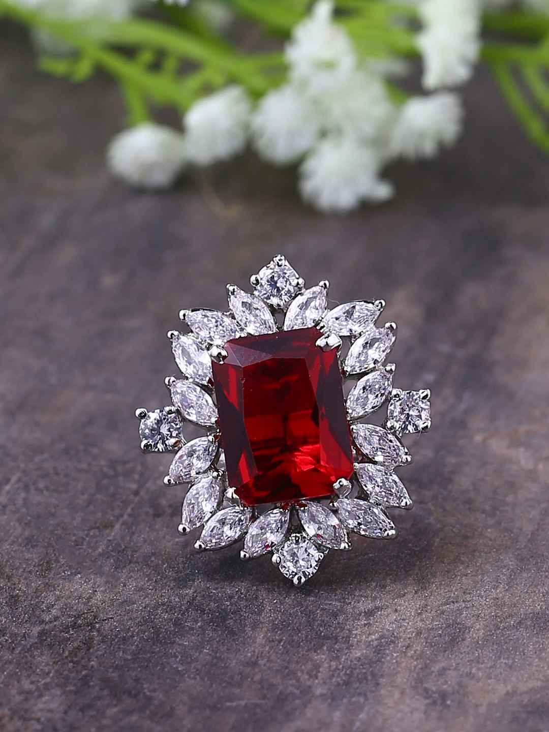 Shoshaa Women Silver-Toned and Red Stone-Studded Adjustable Cocktail Ring