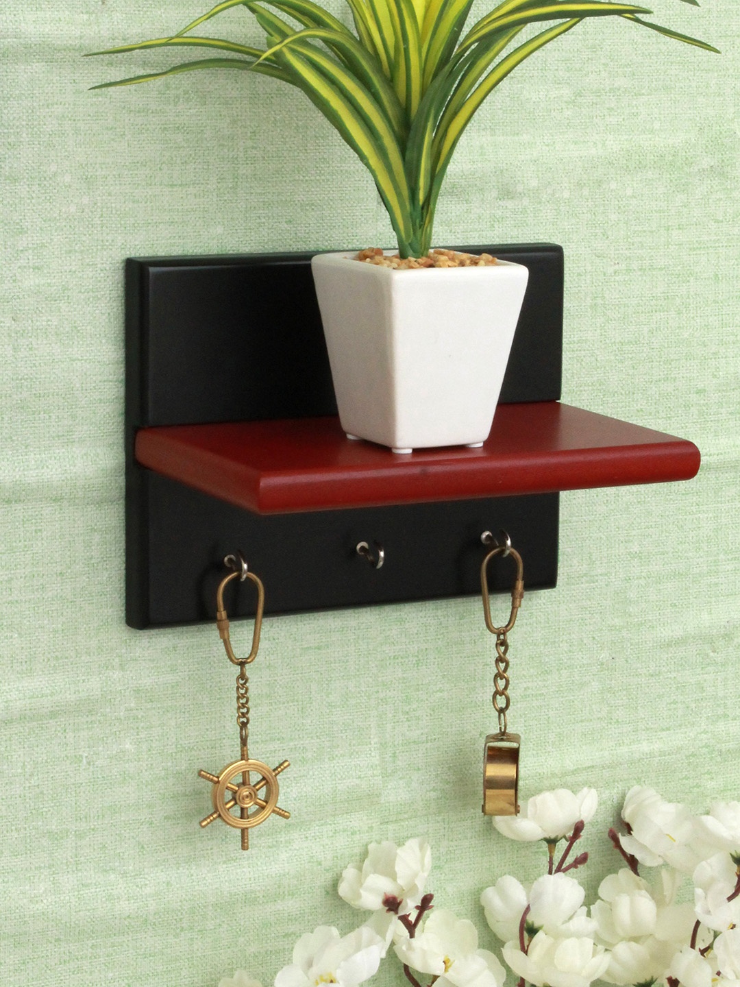 Home Sparkle Black & Maroon MDF Wall Shelf with Keyholders