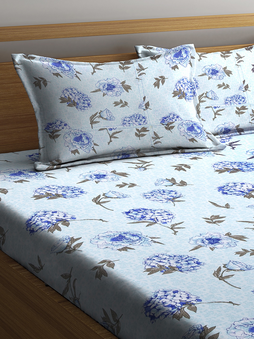 SWHF Blue Floral 180 TC Cotton 1 Queen Bedsheet with 2 Pillow Covers