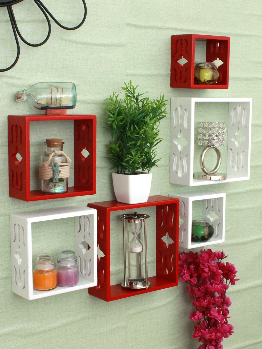 Home Sparkle Red & White Set of 6 MDF Basic Wall Shelves