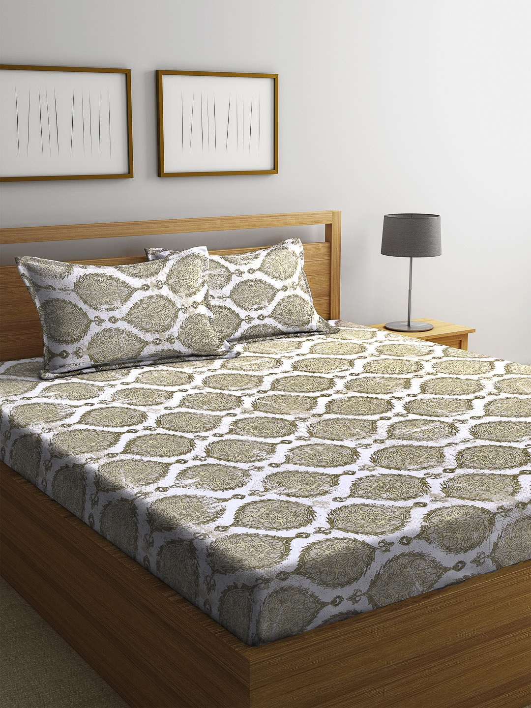 SWHF Beige Floral 180 TC Cotton 1 Queen Bedsheet with 2 Pillow Covers