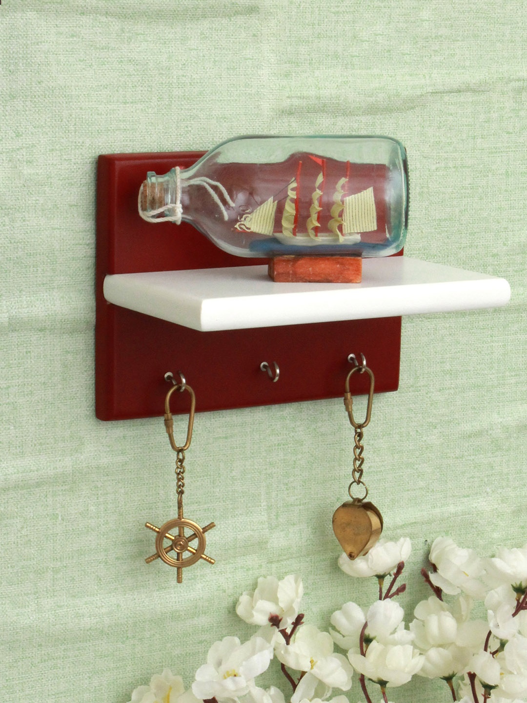 Home Sparkle Maroon & White MDF Wall Shelf with Keyholders