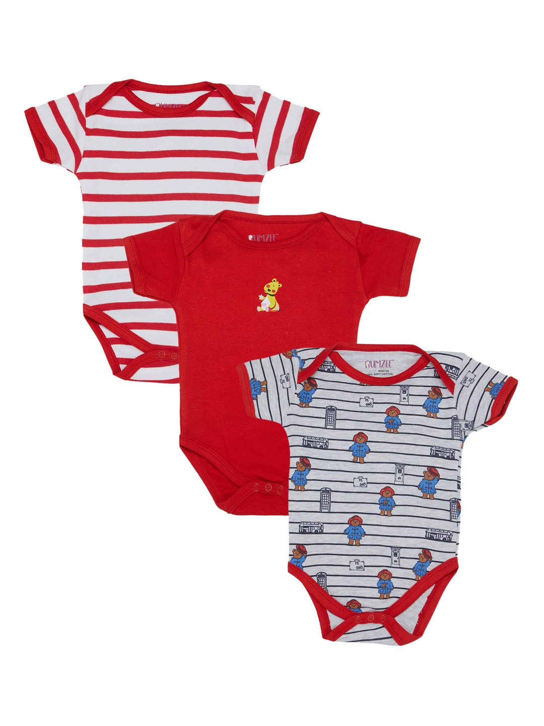 BUMZEE Kids Pack of 3 Printed Bodysuits, Red