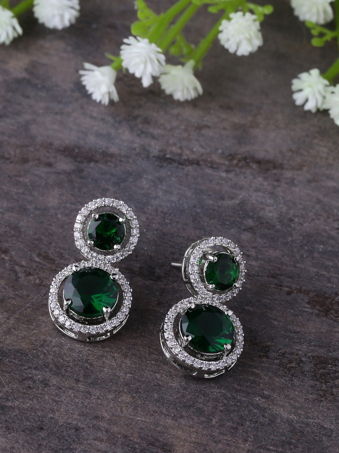 Shoshaa Women Green & Silver-Toned Silver-Plated CZ Stone-Studded Circular Drop Earrings
Shoshaa Women Green & Silver-Toned Silver-Plated CZ Stone-Studded Circular Drop Earrings