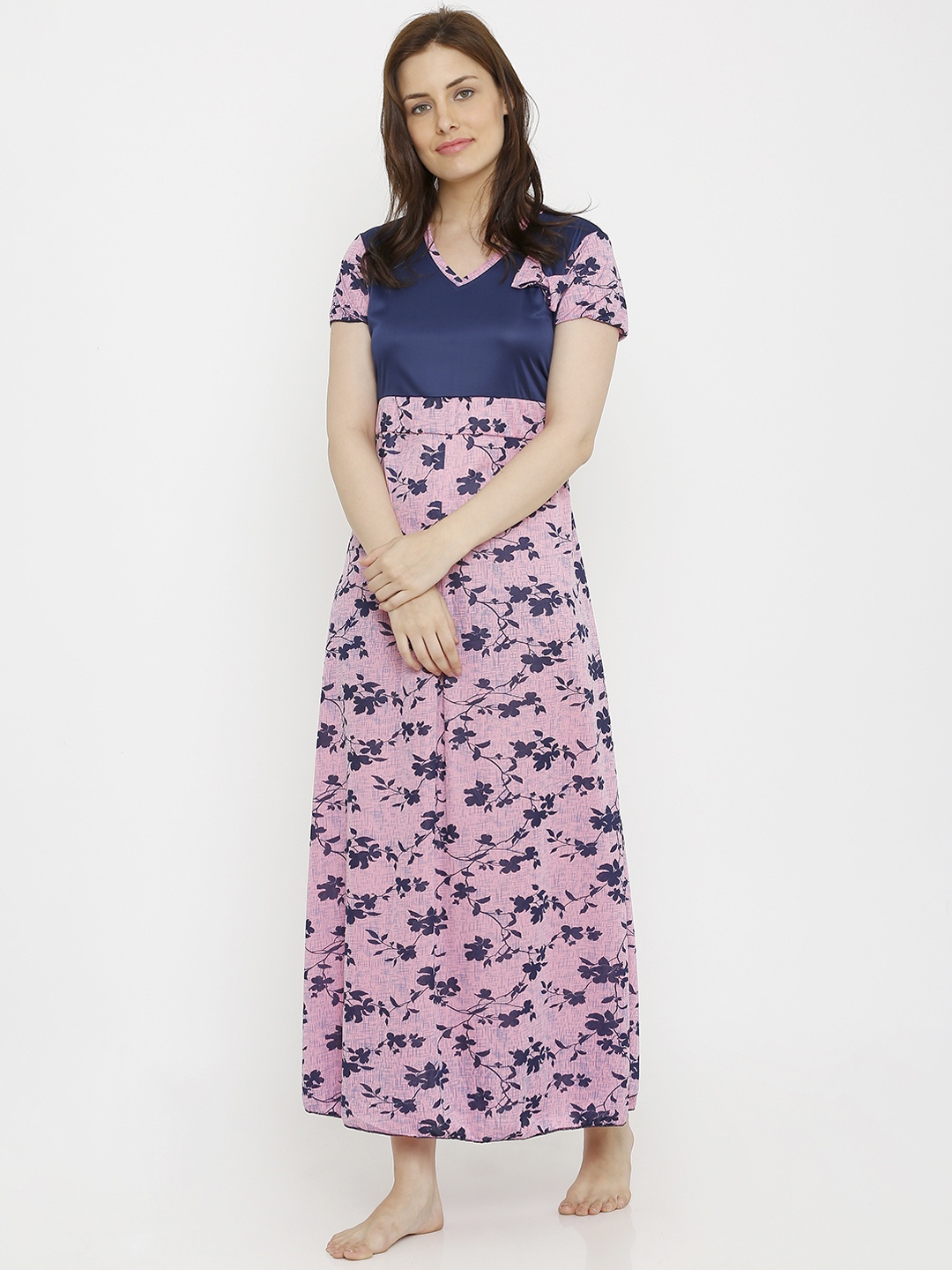 Pretty Awesome Pink & Navy Blue Printed Nightdress PTAS341