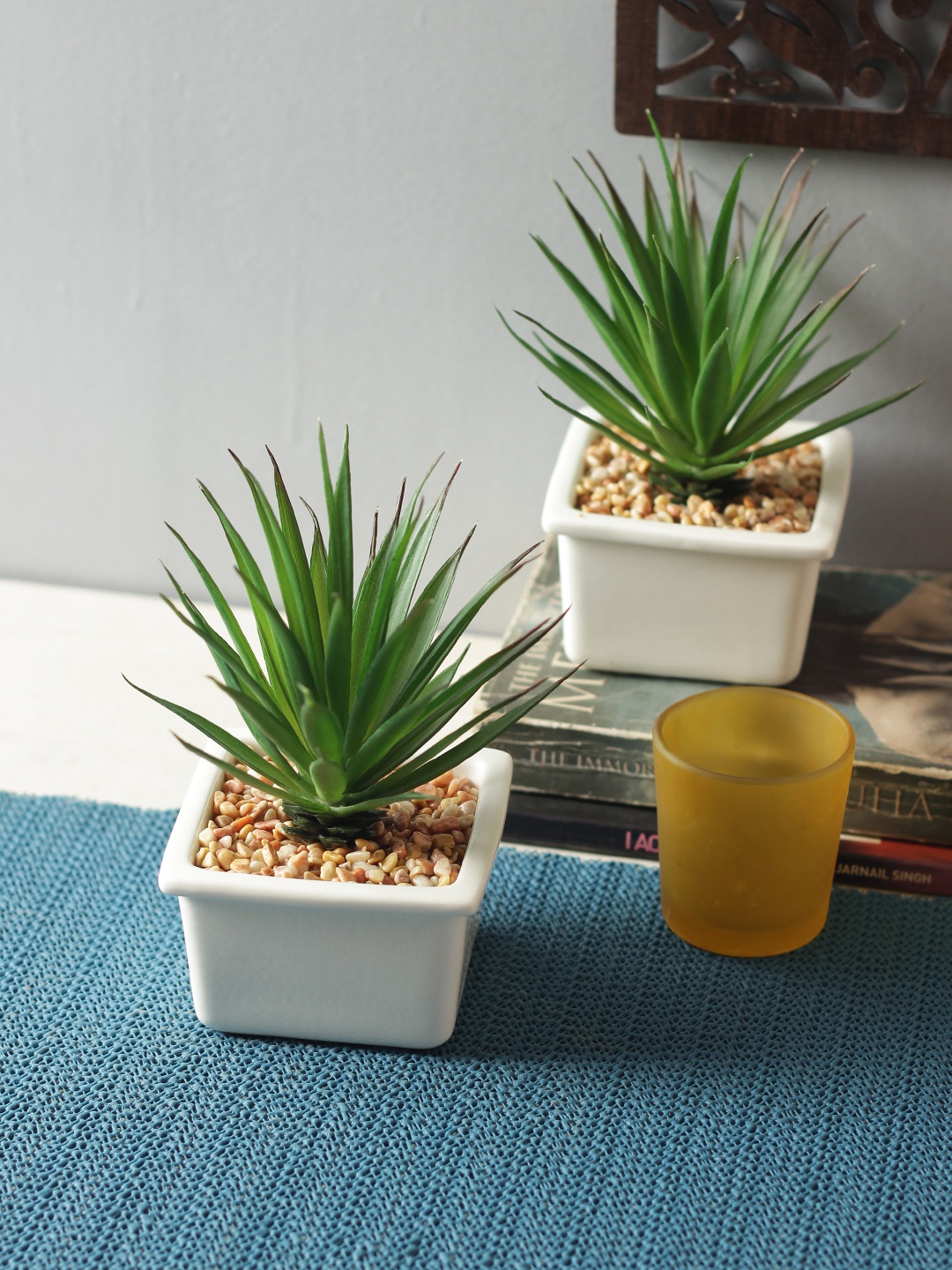 Fourwalls Set of 2 Green Artificial Succulent Plants with Ceramic Pots