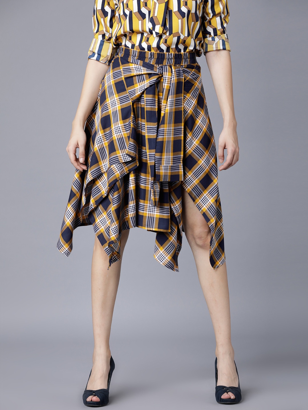 Tokyo Talkies Women Navy Blue & Yellow Checked A-Line Skirt
