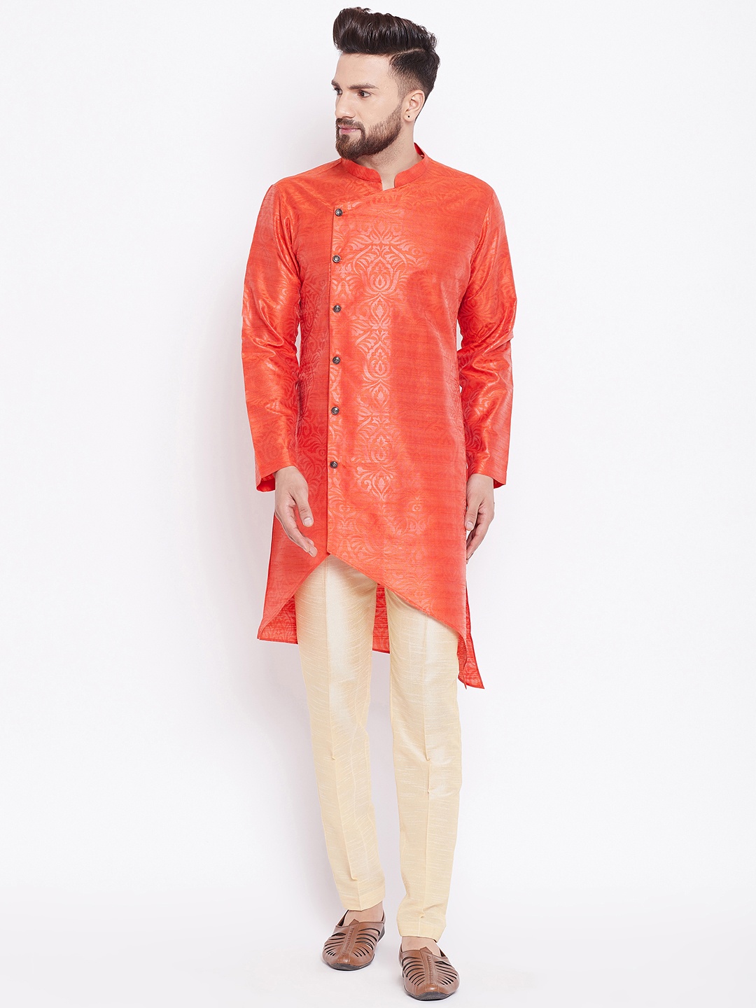 See Designs Men Orange & Cream-Coloured Printed Silk Kurta with Pyjamas