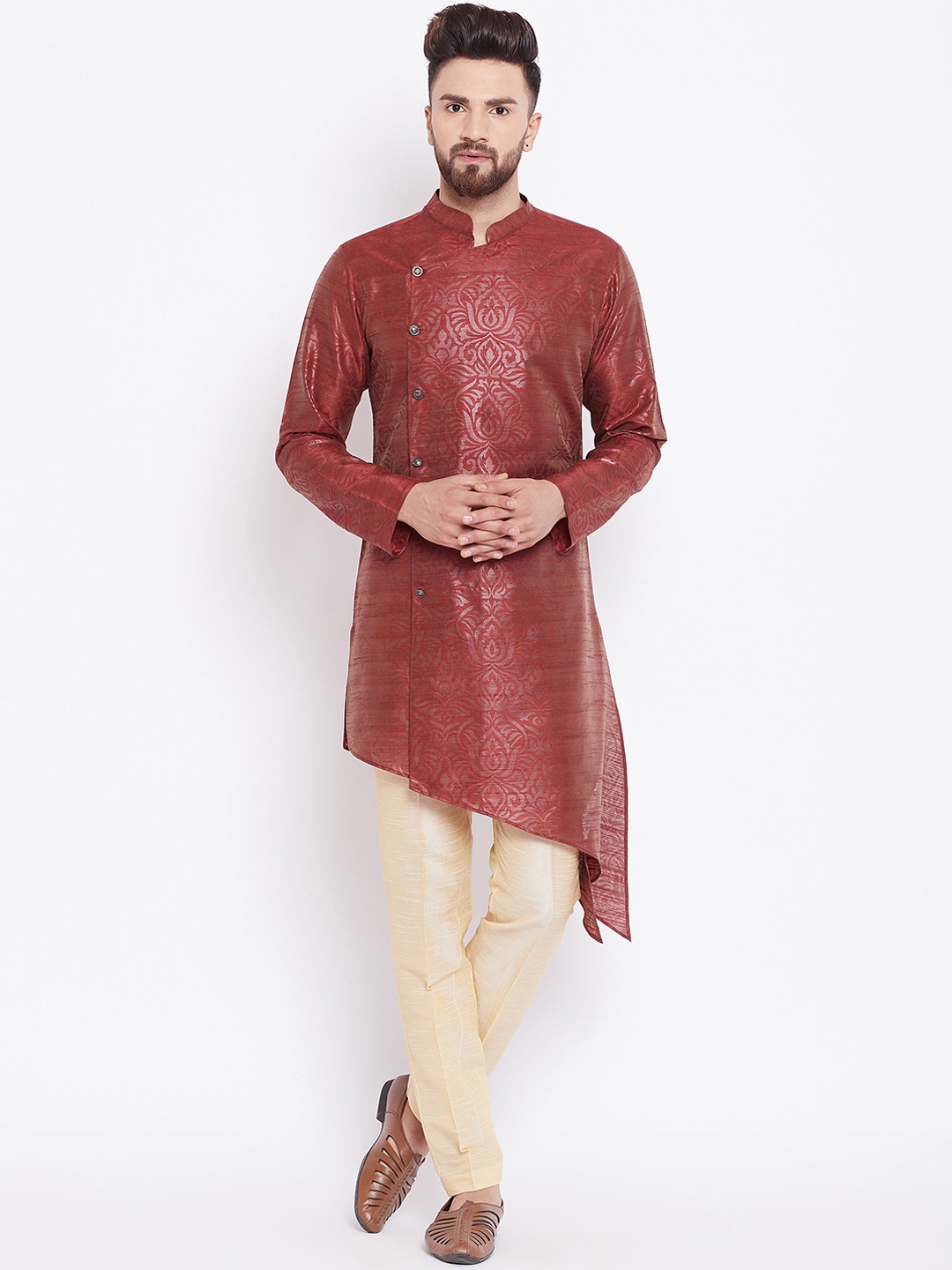 See Designs Men Burgundy & Beige Printed Kurta with Trousers