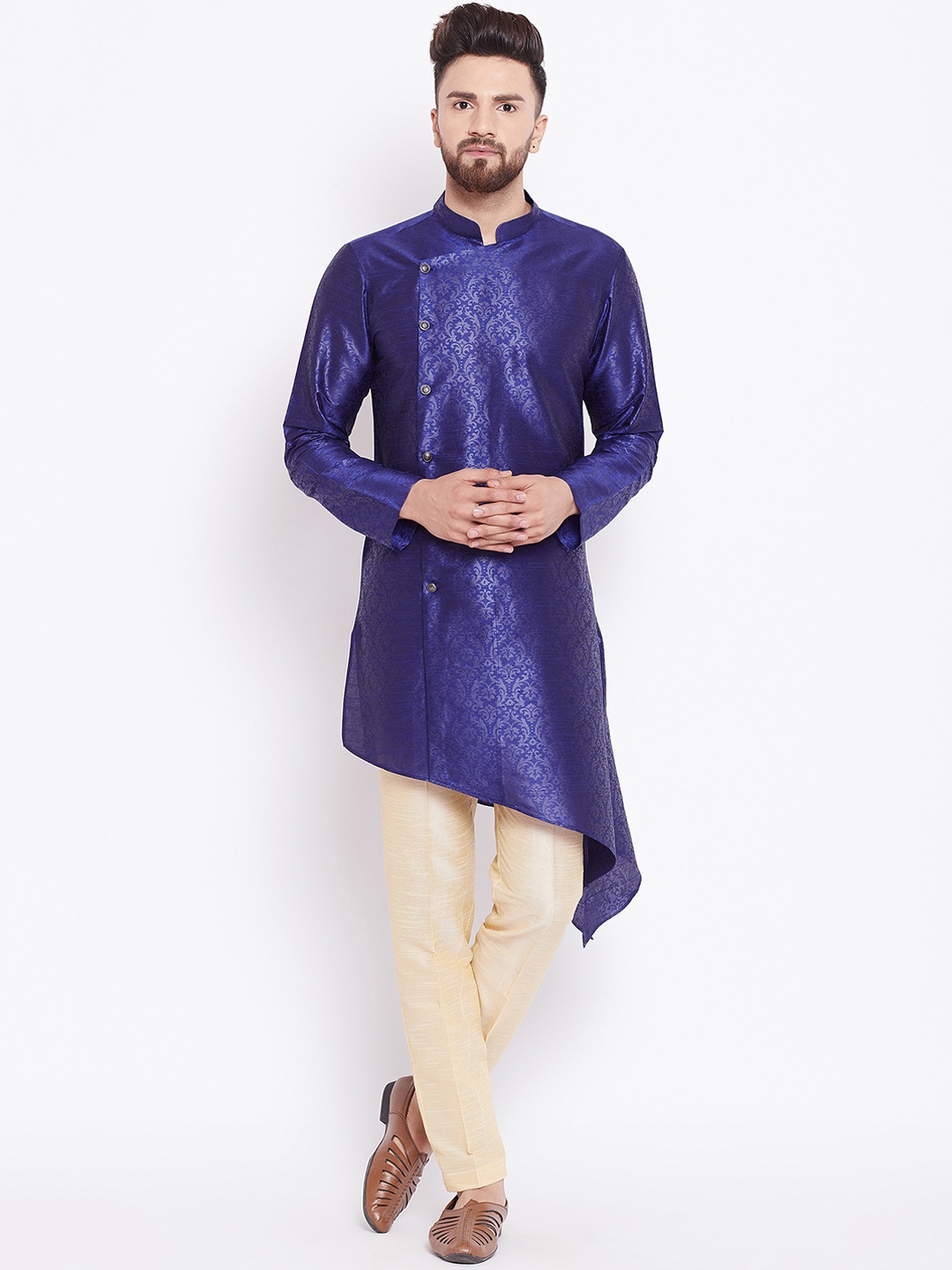 See Designs Men Blue & Cream-Coloured Printed Silk Kurta with Pyjamas