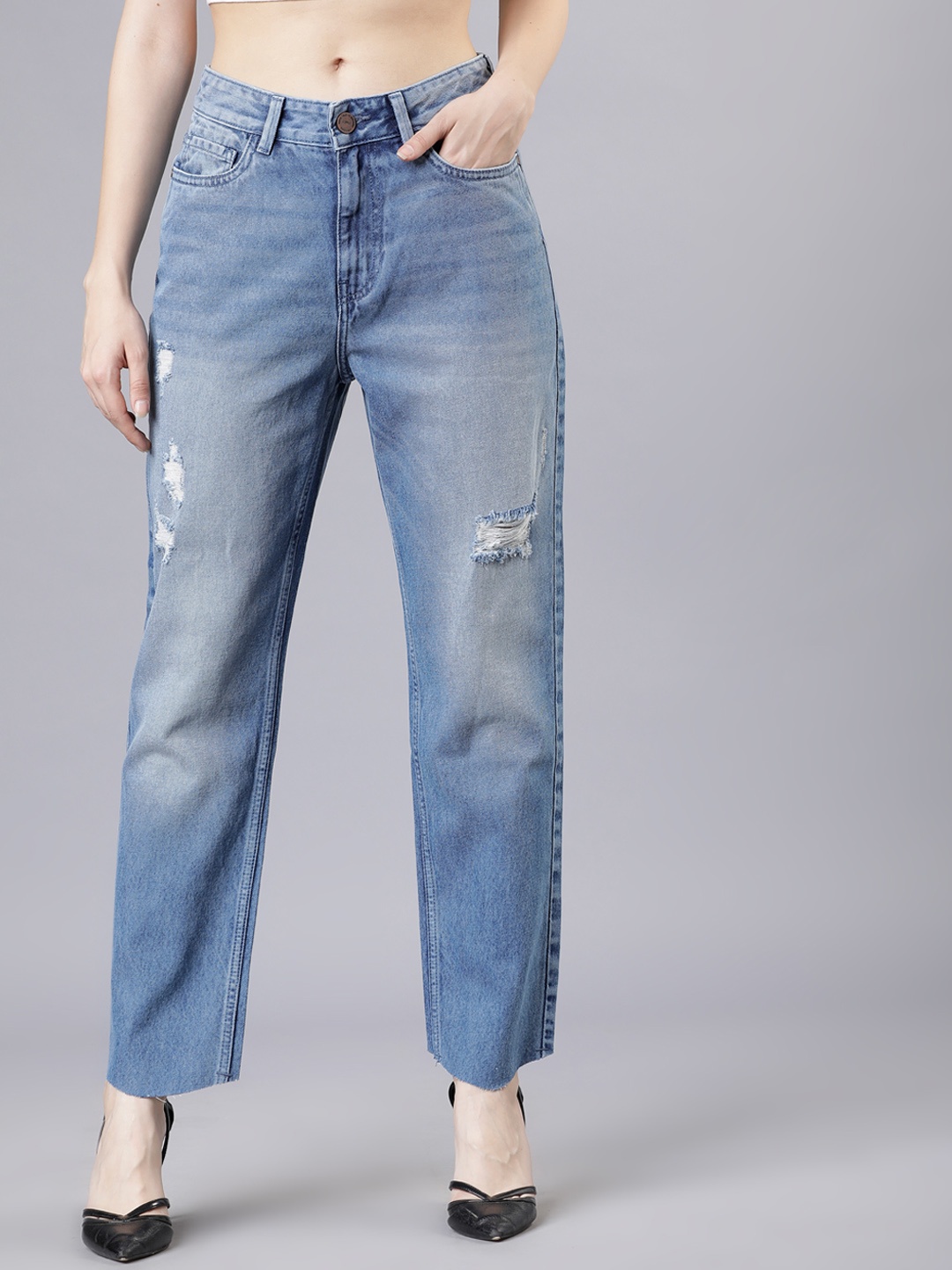 Tokyo Talkies Women Blue Slim Fit Mid-Rise Low Distress Jeans