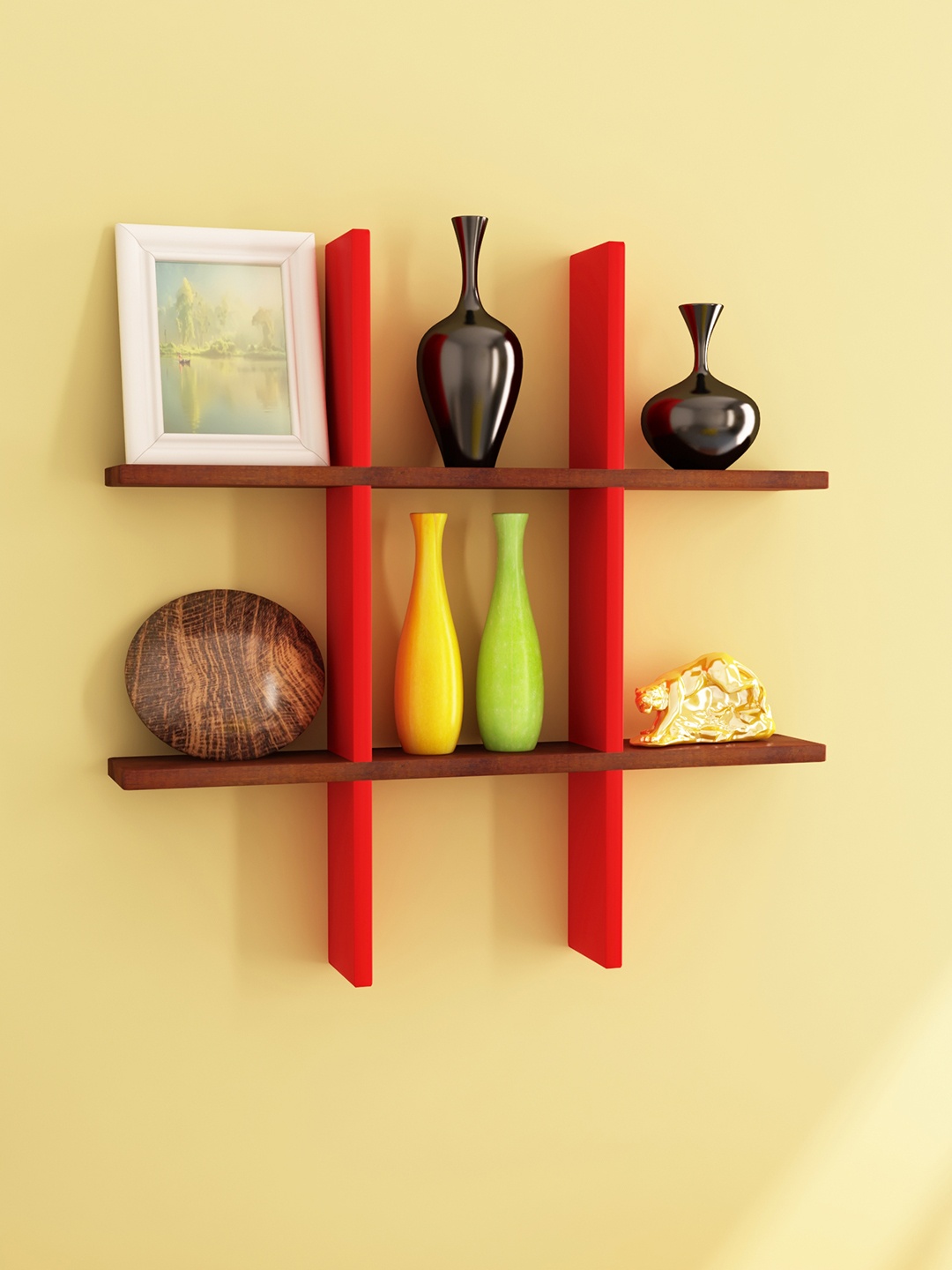 Home Sparkle Brown & Red MDF Basic Wall Shelf