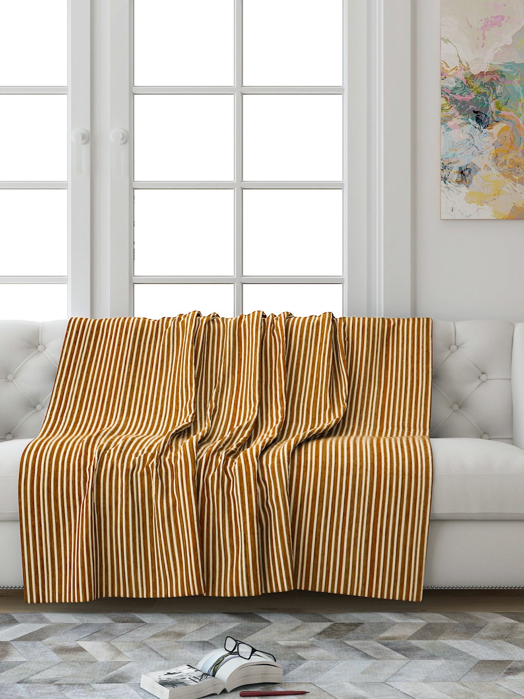 Saral Home Gold-Coloured Striped 3 Seater Sofa Throw
