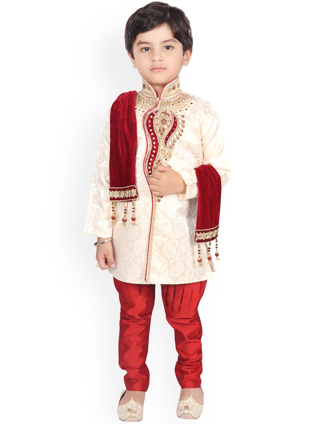 SG YUVRAJ SHERWANI Boys Cream & Red Sherwani Set