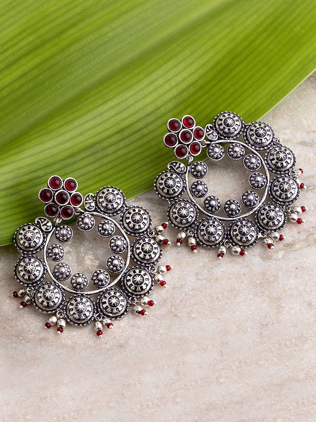 Voylla Maroon Silver-Plated Circular Handcrafted Drop Earrings