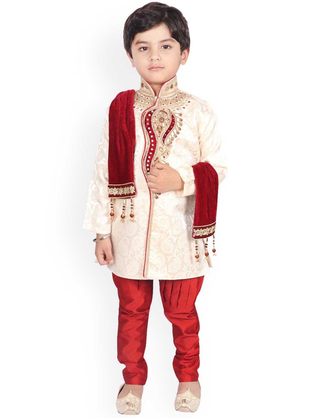 SG YUVRAJ SHERWANI Boys Cream & Red Sherwani Set