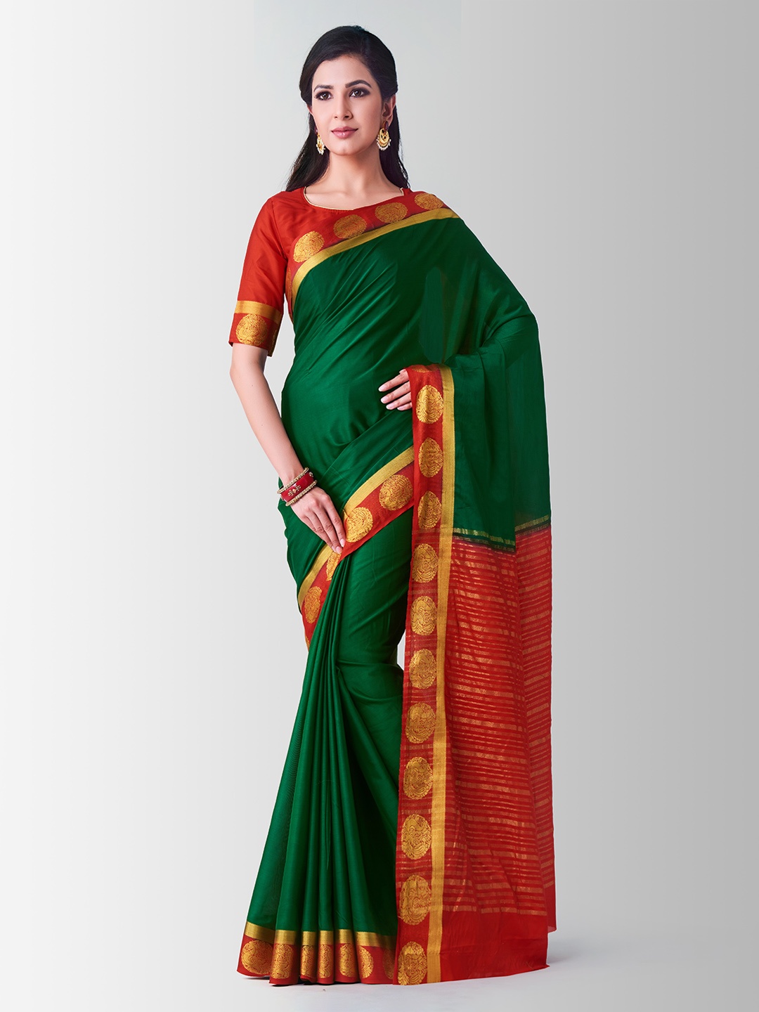 MIMOSA Green & Red Poly Crepe Woven Design Mysore Silk Saree