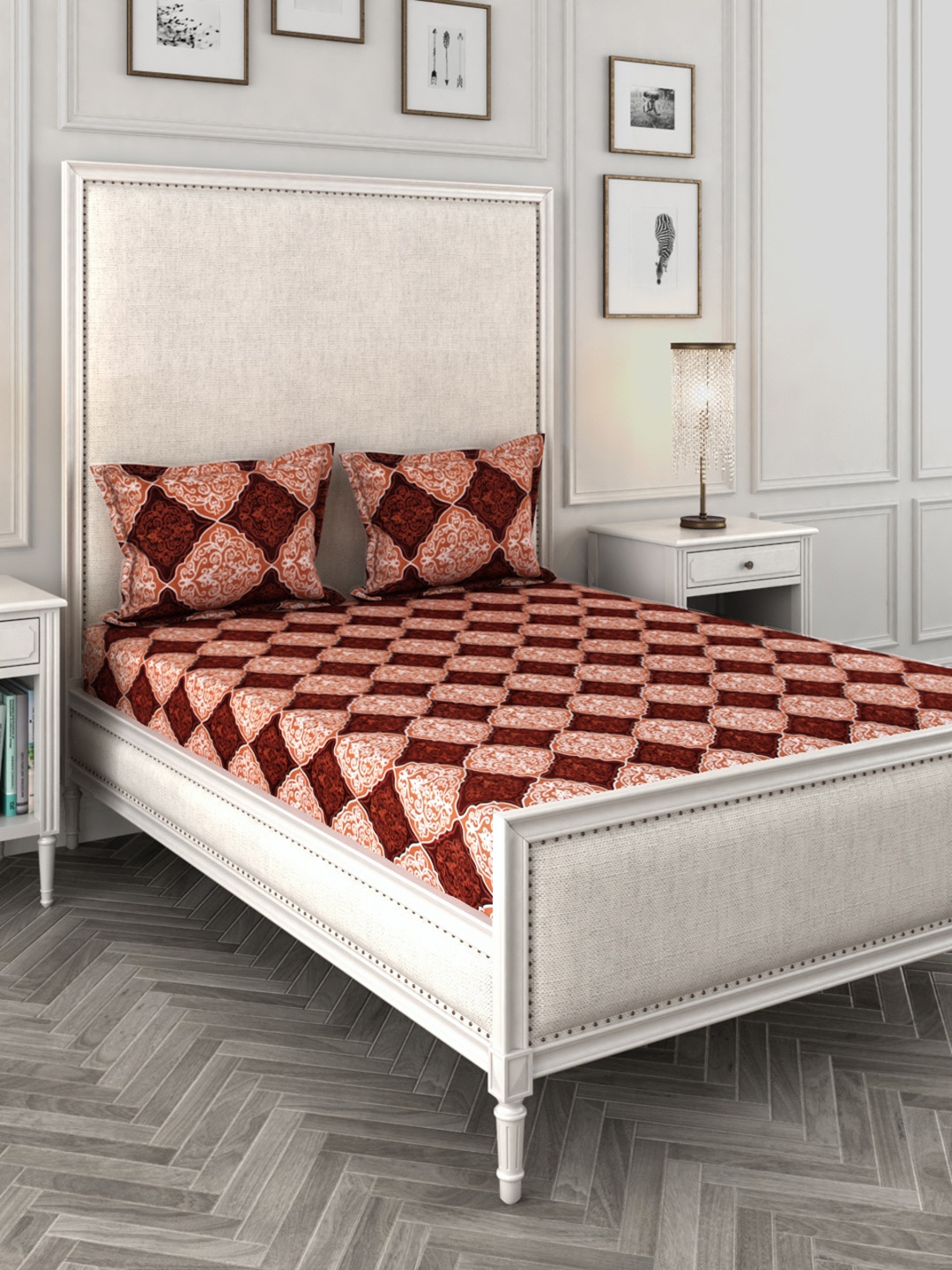 ROMEE Brown Ethnic Motifs 144 TC Cotton Bedsheet with 2 Pillow Covers