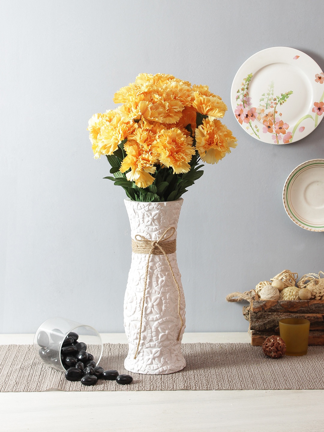 Fourwalls Set of 2 Yellow & Green Artificial Carnation Flower Bunches without Pot