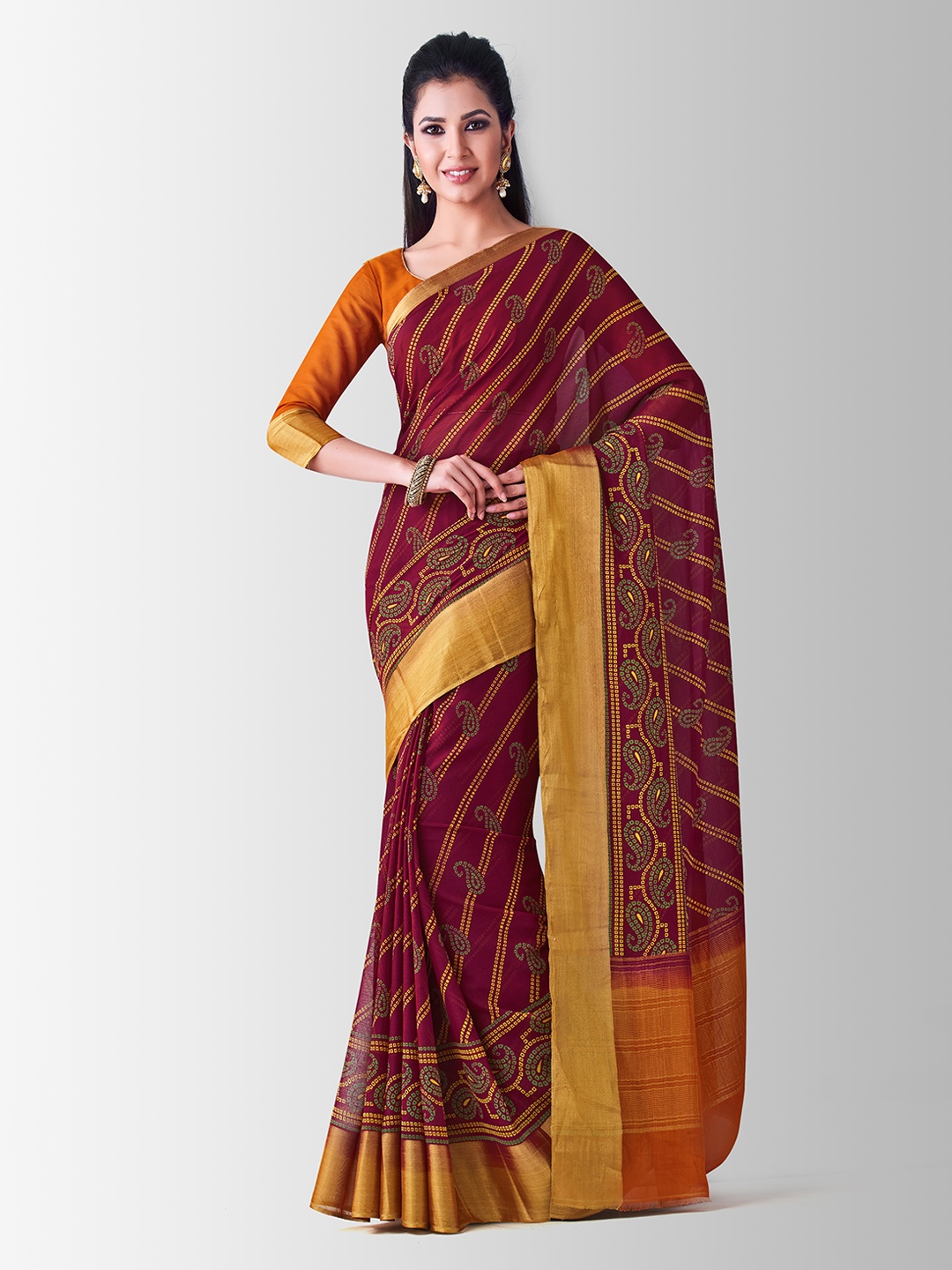 MIMOSA Maroon & Gold-Toned Poly Chiffon Printed Banarasi Saree