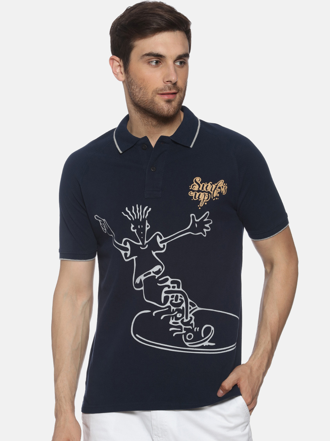 FIDO DIDO Men Navy Blue Printed Polo Collar Pure Cotton T-shirt
FIDO DIDO Men Navy Blue Printed Polo Collar Pure Cotton T-shirt