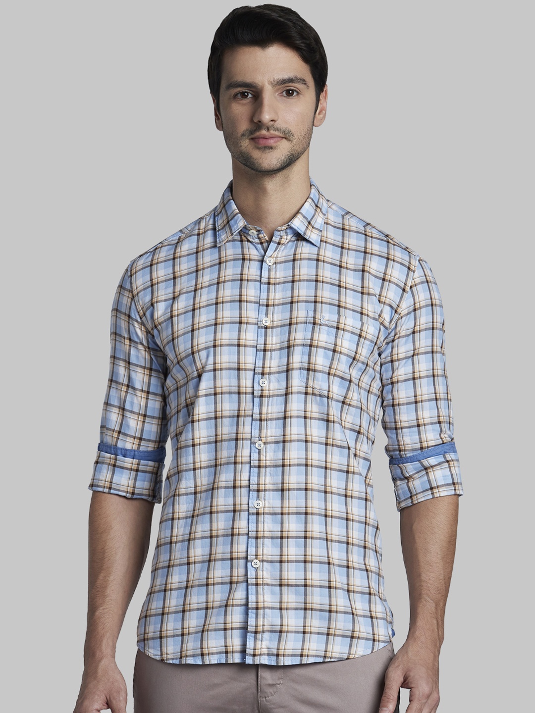 Parx Men Blue & Yellow Slim Fit Checked Casual Shirt