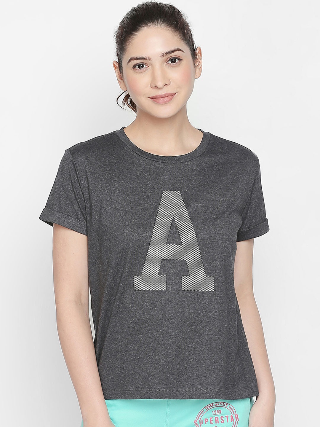 Ajile by Pantaloons Women Charcoal Grey Printed Round Neck Pure Cotton T-shirt