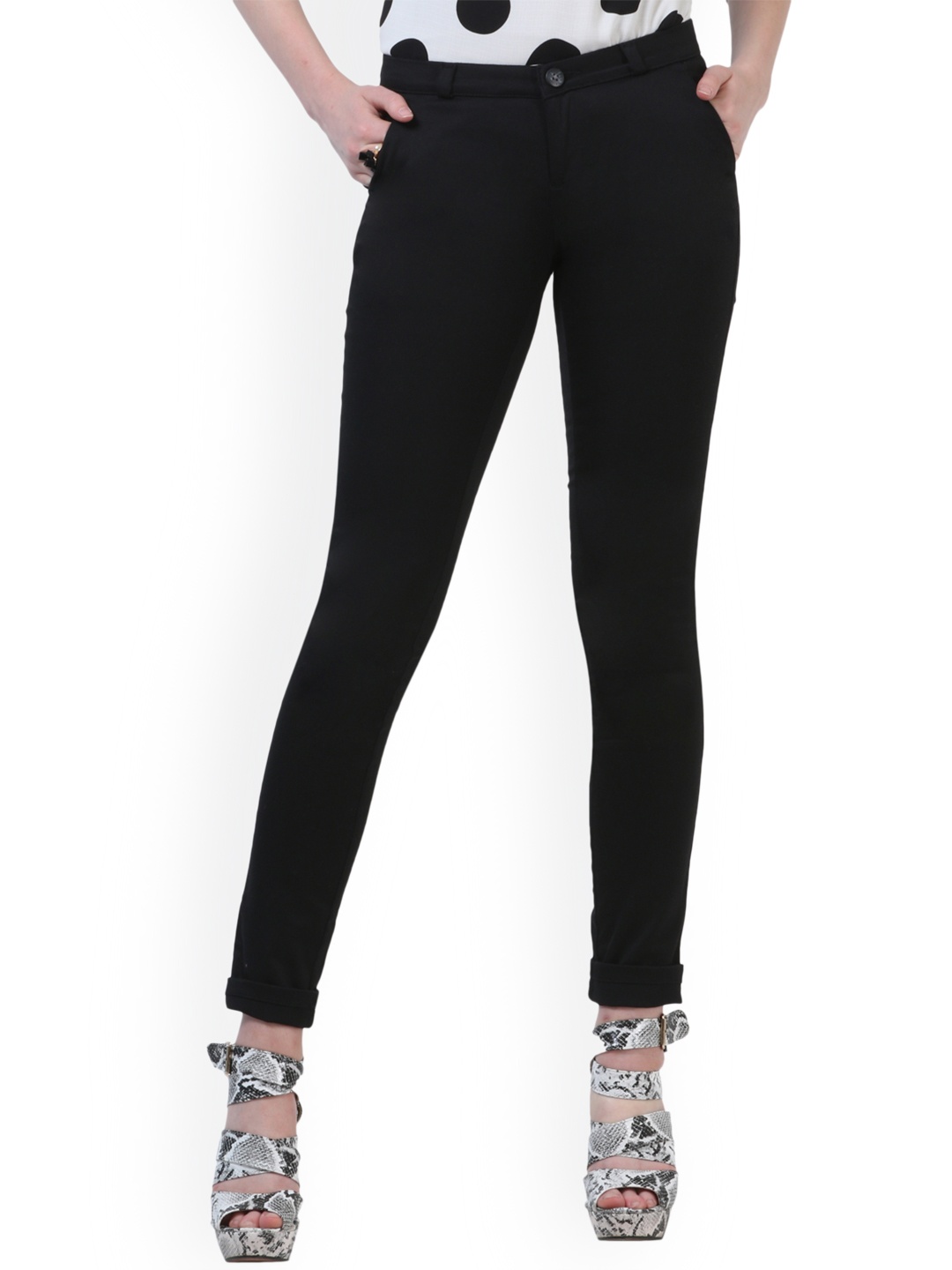 Crimsoune Club Women Black & Black Smart Slim Fit Solid Regular Trousers
