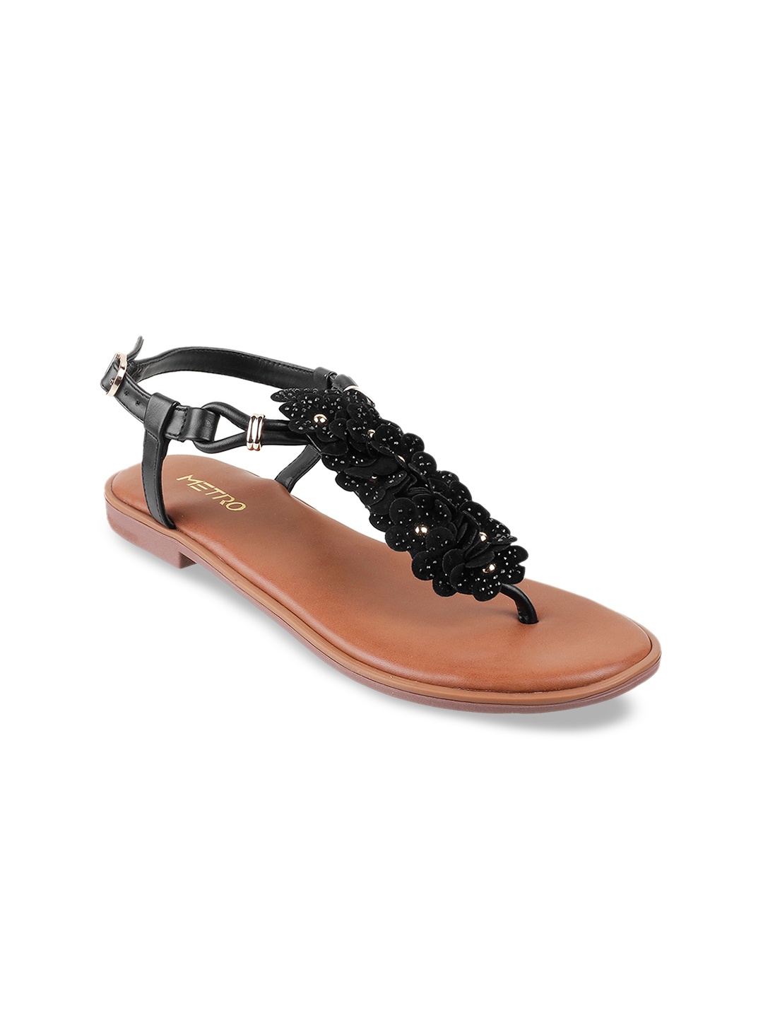 Metro Women Black Solid T-Strap Flats