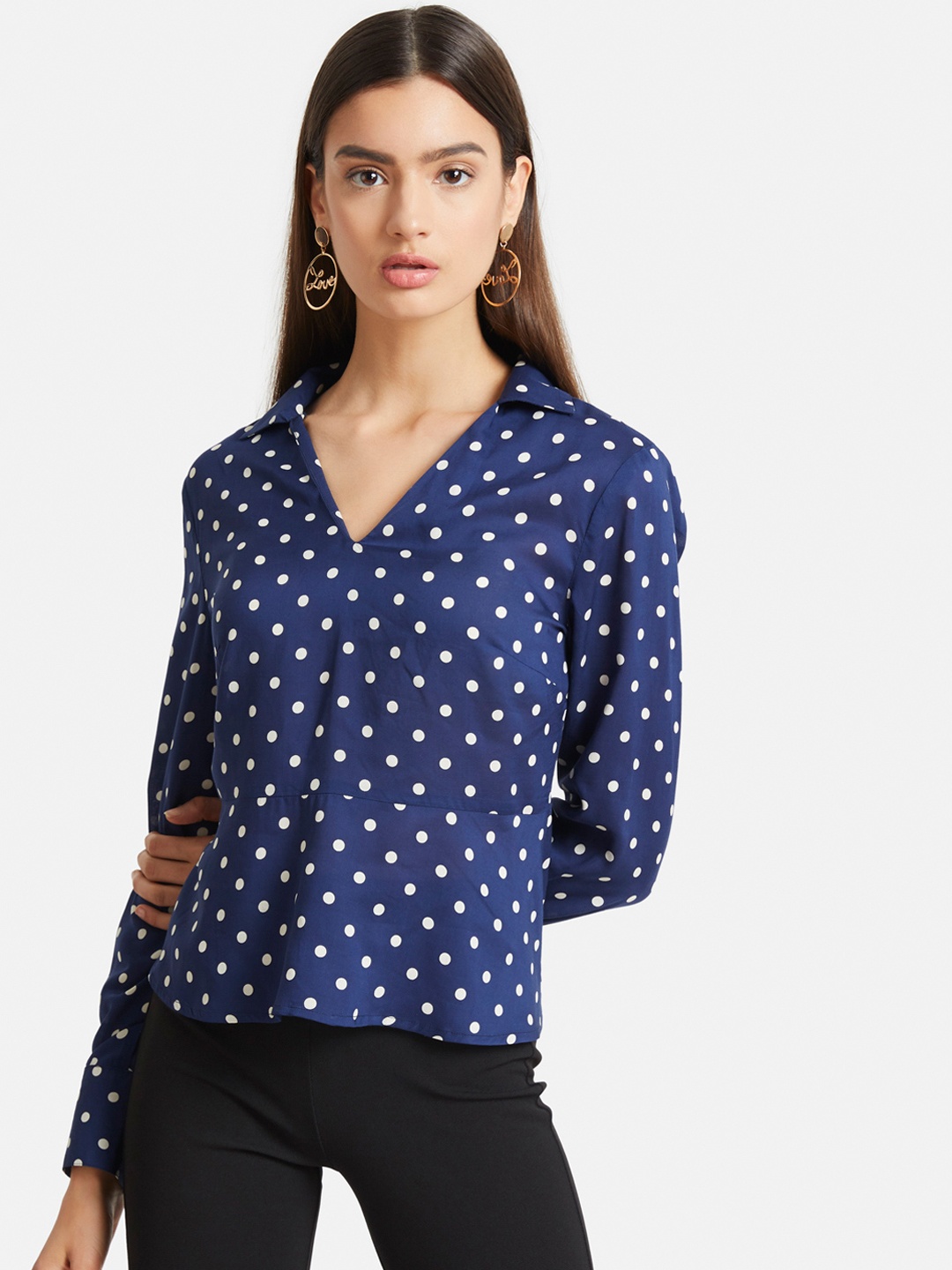 Kazo Women Blue Polka Dot Print Shirt Style Top