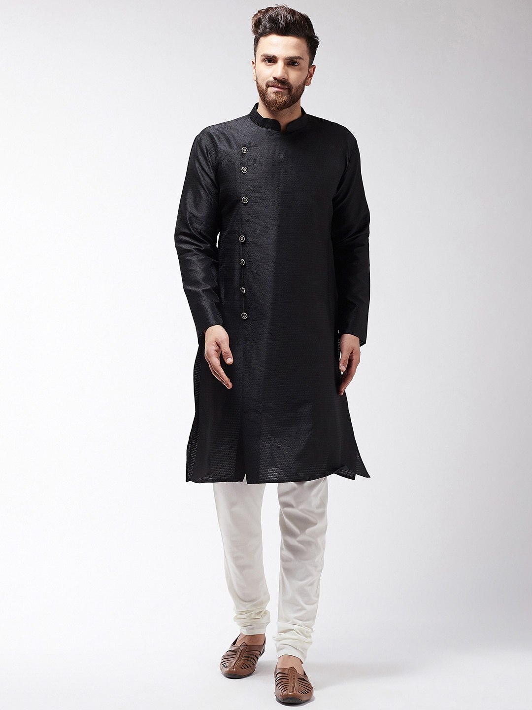 SOJANYA Men Black & Off-White Self Design Kurta with Churidar