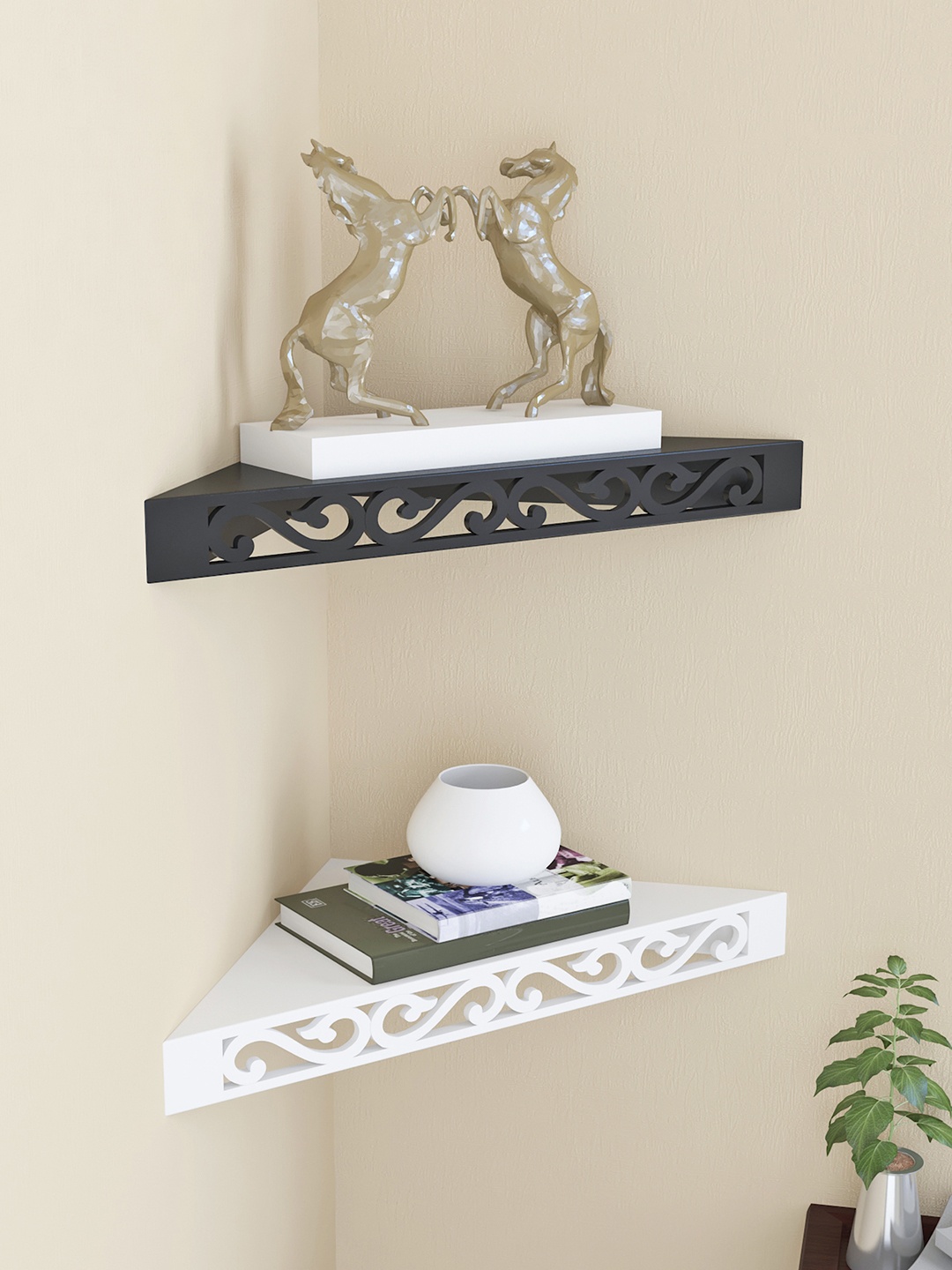 Home Sparkle Set of 2 Black & White MDF Corner Wall Shelves