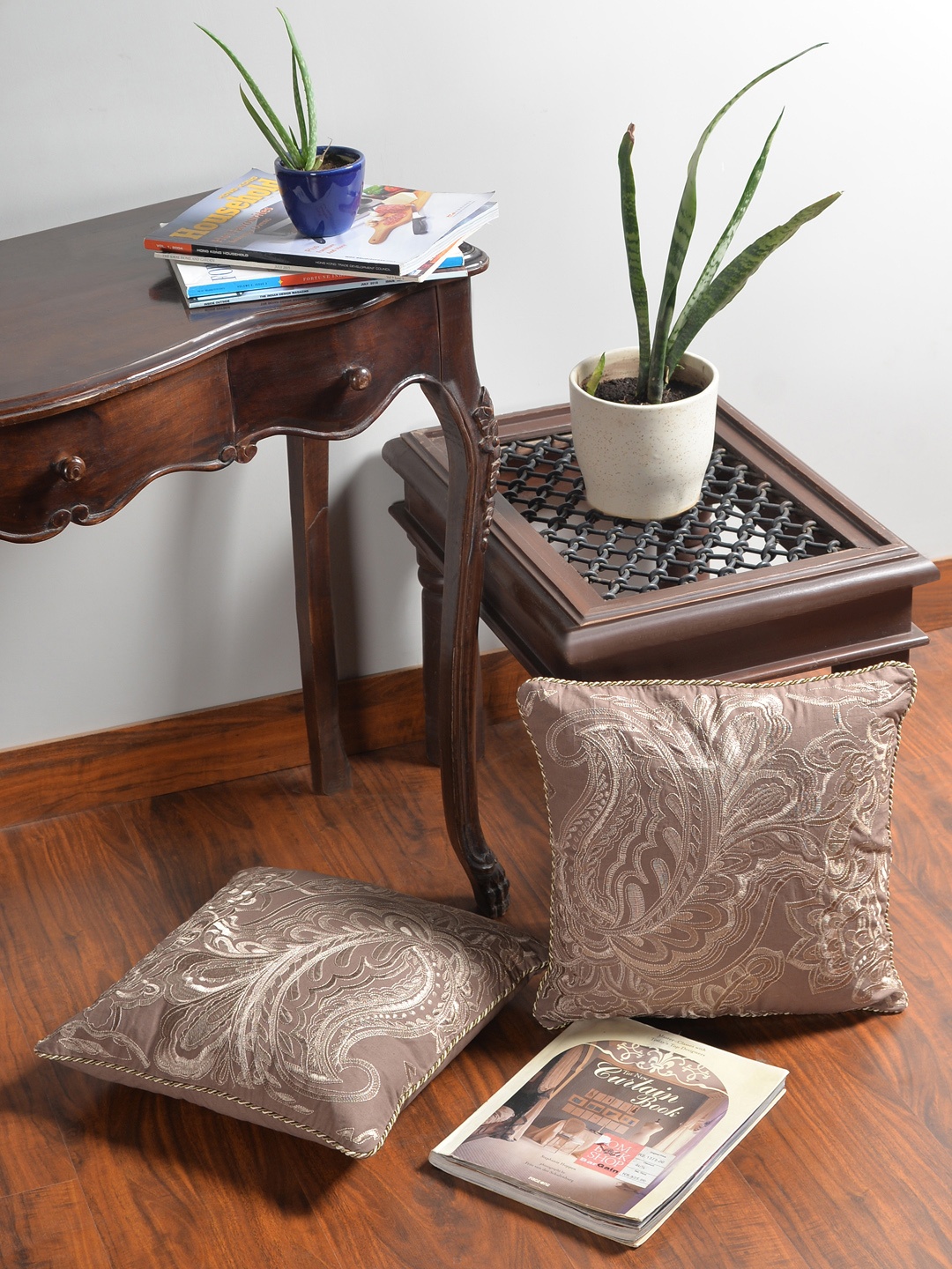 Deco Window Beige Set of 2 Ethnic Motifs Square Cushion Covers
