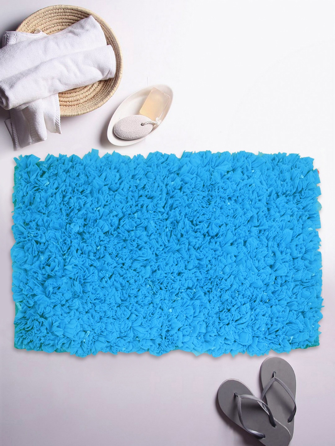 BIANCA Blue Self Design Rectangular Bath Rug