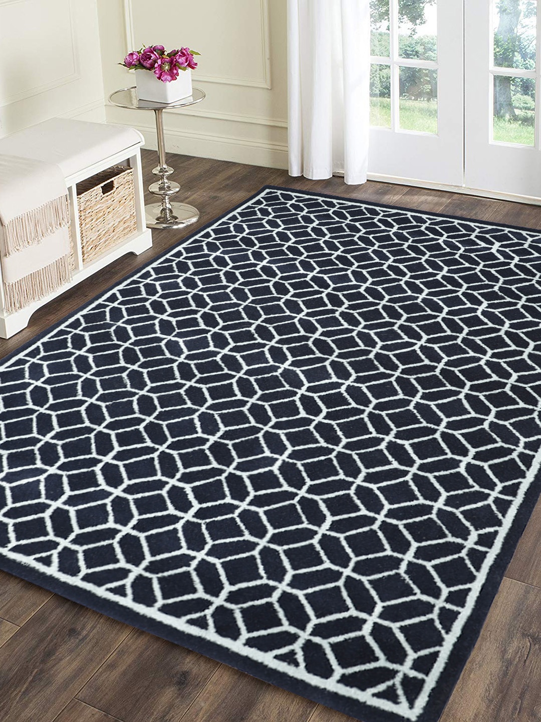 PRESTO Navy Blue Printed Hand Tufted Woolen Carpet