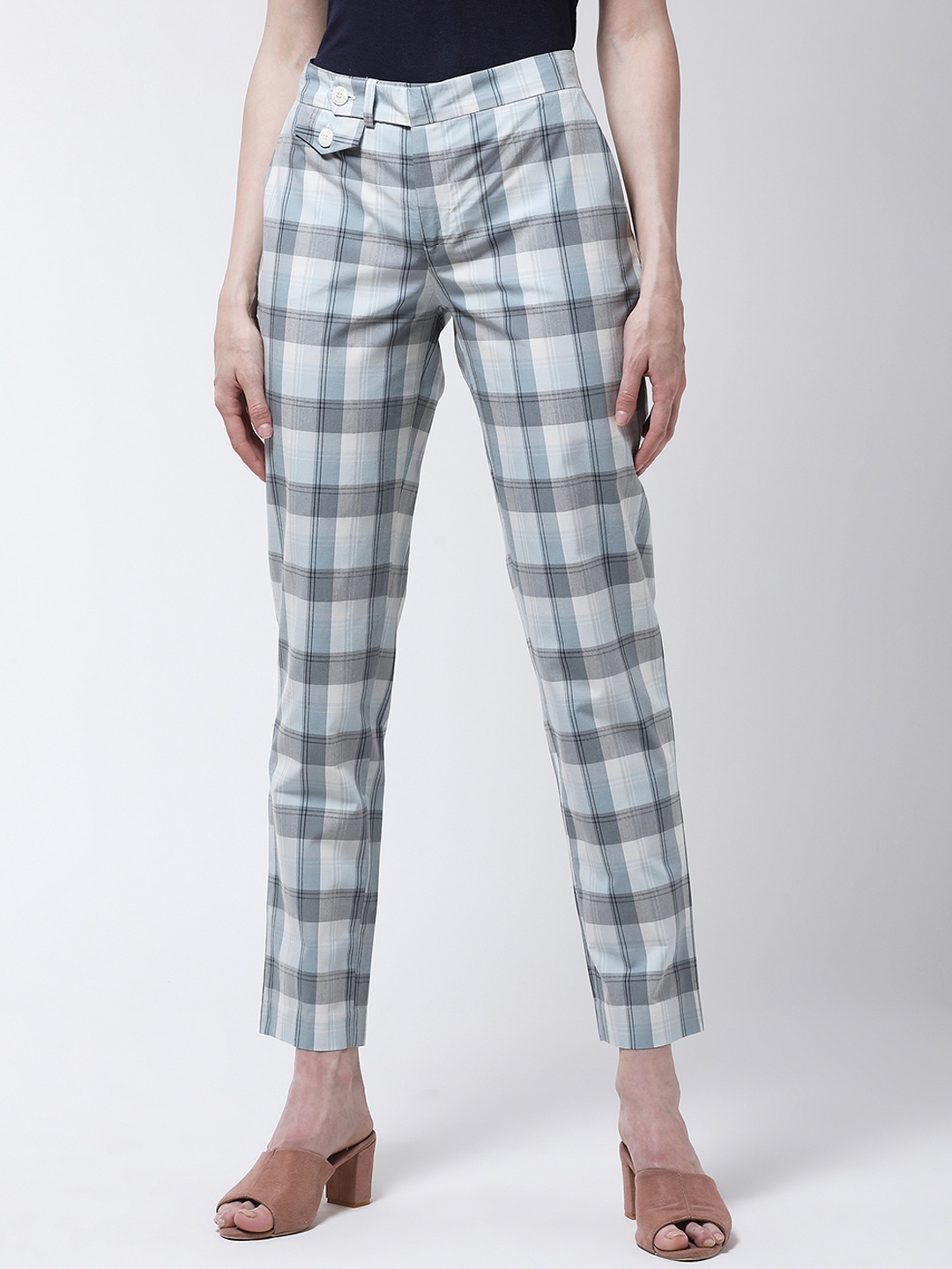 MAGRE Women Blue & White Slim Fit Checked Regular Trousers