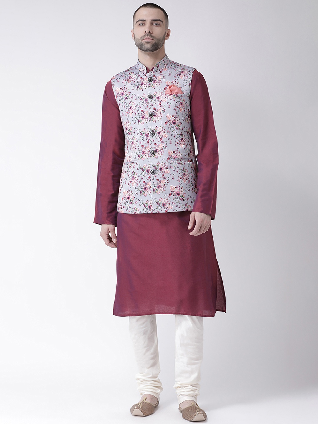 KISAH Men Maroon & White Solid Kurta with Churidar & Multicoloured Printed Nehru Jacket, Multi
KISAH Men Maroon & White Solid Kurta with Churidar & Multicoloured Printed Nehru Jacket, Multi