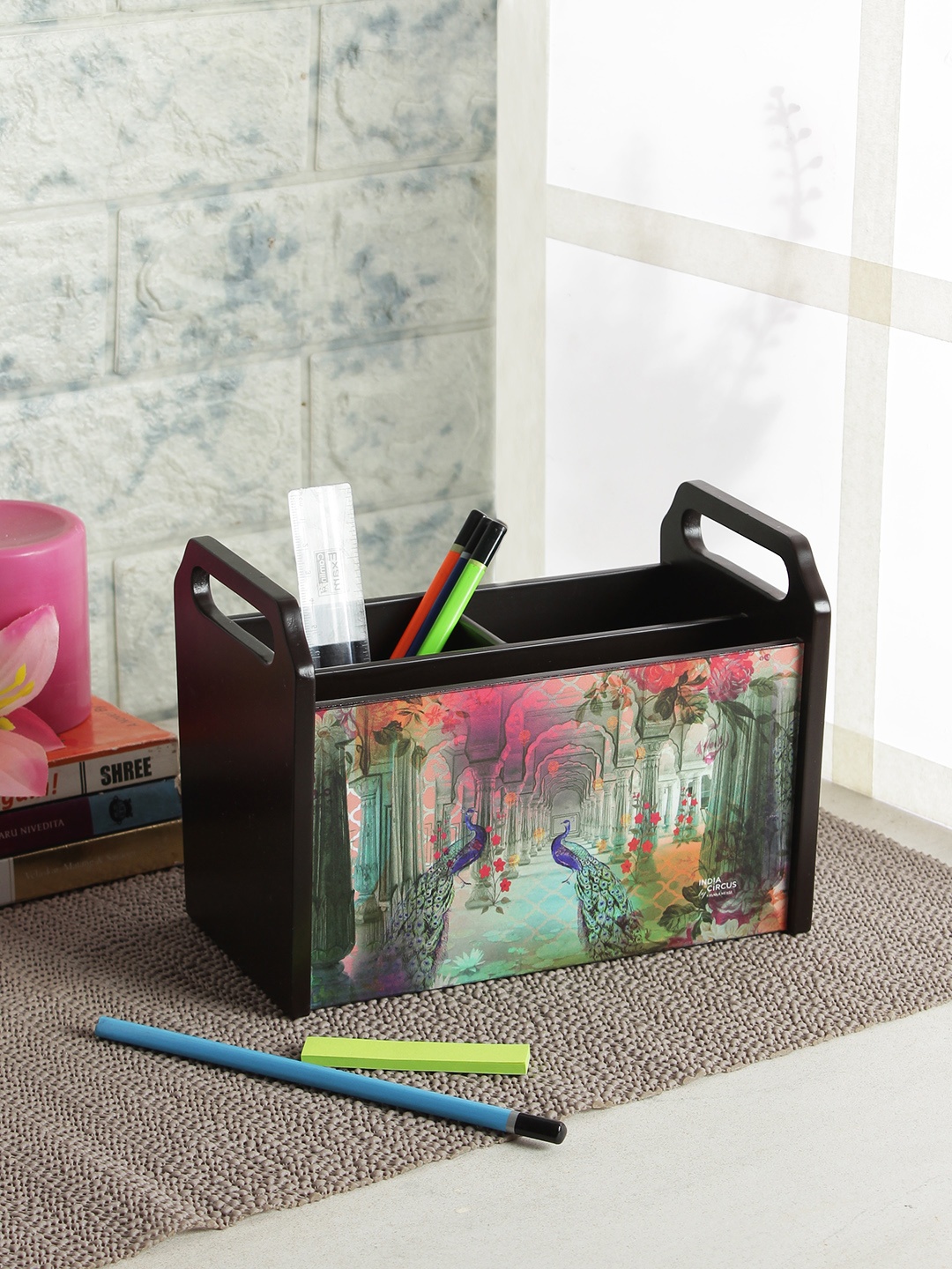 India Circus by Krsnaa Mehta Multicoloured MDF Desk Organiser, Coffee brown