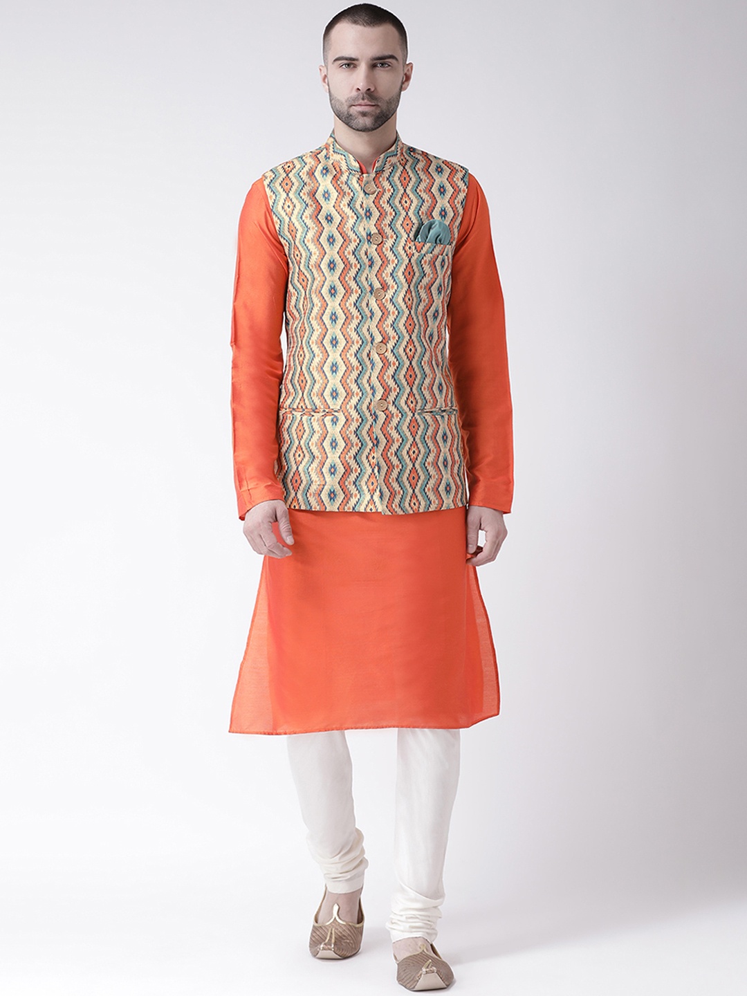 KISAH Men Multicoloured & Orange Printed Kurta with Churidar & Nehru Jacket, Multi