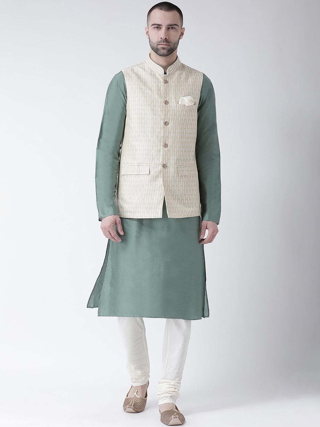 KISAH Men Grey & White Solid Kurta with Churidar & Beige Self Design Nehru Jacket, Cream
KISAH Men Grey & White Solid Kurta with Churidar & Beige Self Design Nehru Jacket, Cream
