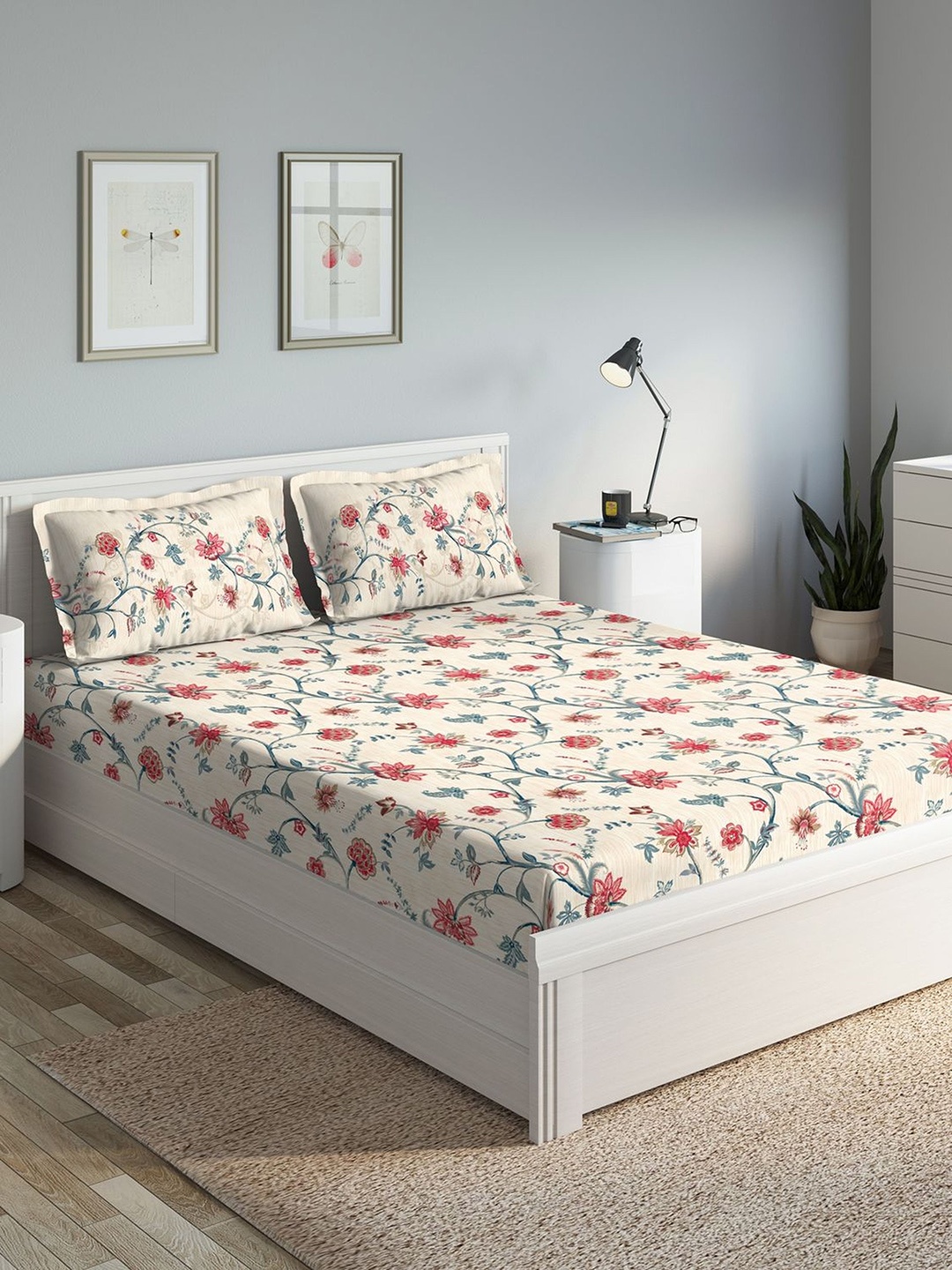 DDecor Beige & Red Floral 144 TC Cotton 1 Queen Bedsheet with 2 Pillow Covers