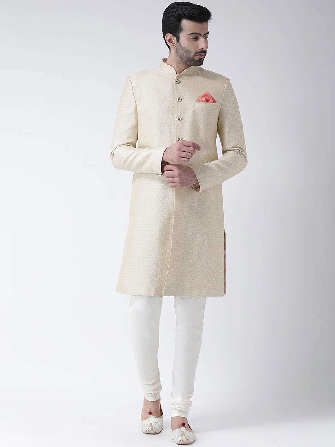 KISAH Men Cream & White Woven Design Sherwani