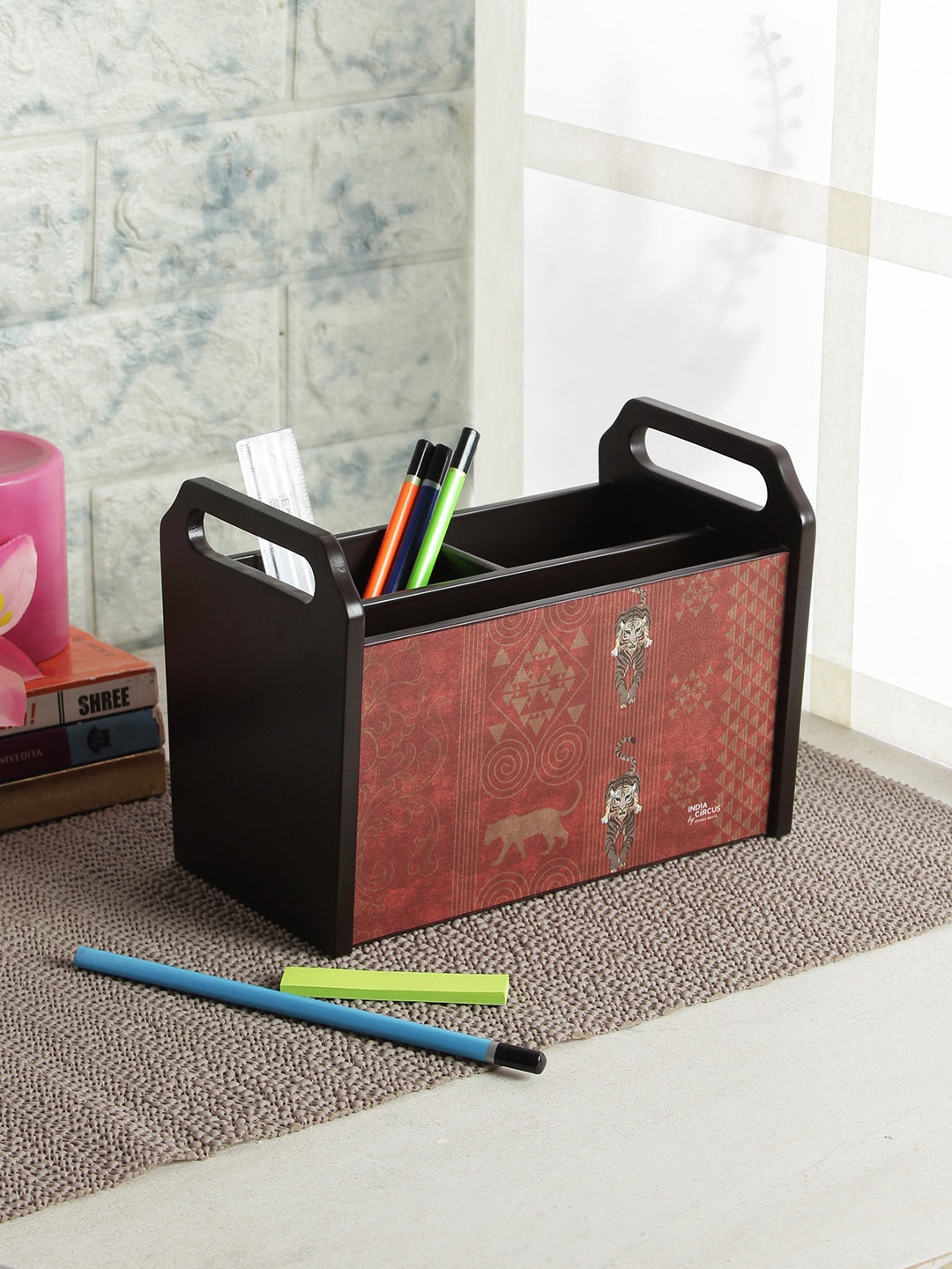 India Circus by Krsnaa Mehta Unisex Coffee Brown & Red MDF Desk Organiser
