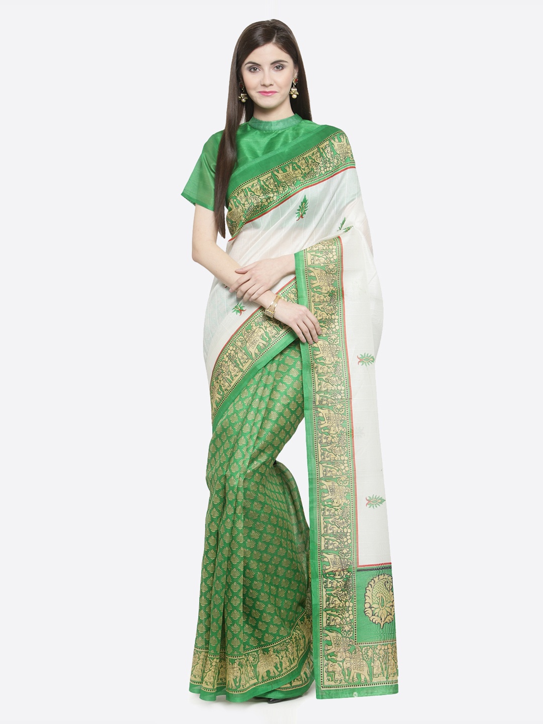 Shaily Green & Off-White Silk Blend Printed Saree