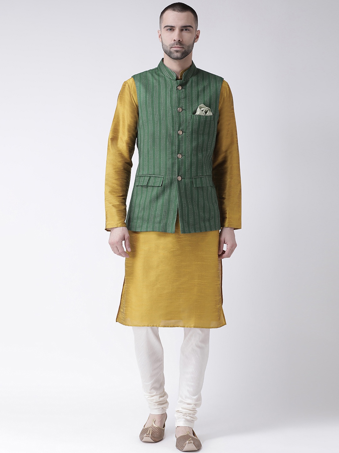 KISAH Men Green & Off-White Self Design Kurta with Churidar & Nehru Jacket