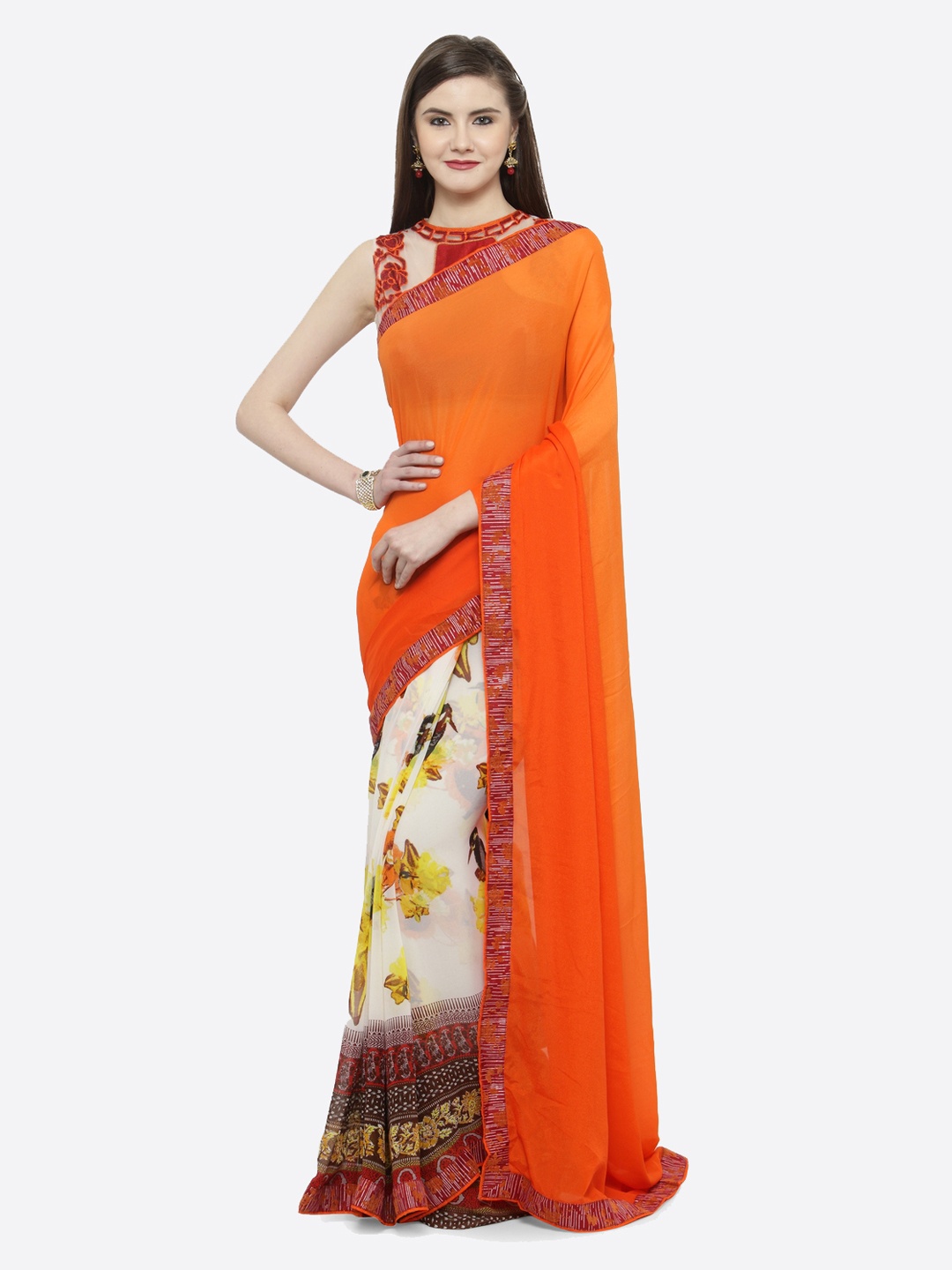 Shaily Orange & White Pure Georgette Printed Saree