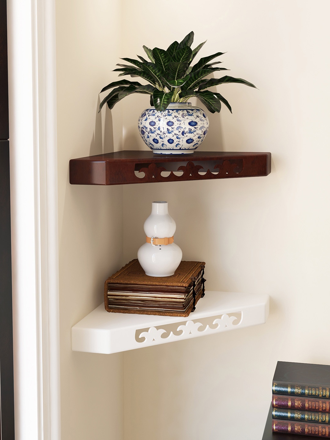 Home Sparkle Brown & White MDF Corner Wall Shelf