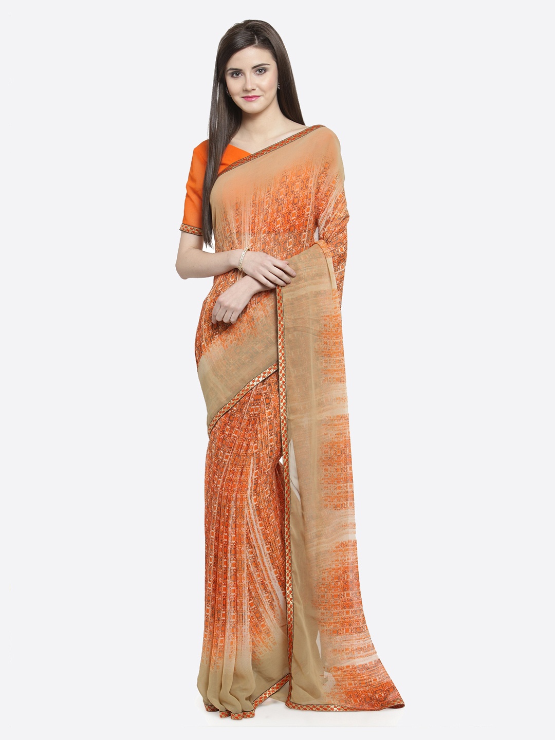 Shaily Orange Printed Pure Georgette Saree