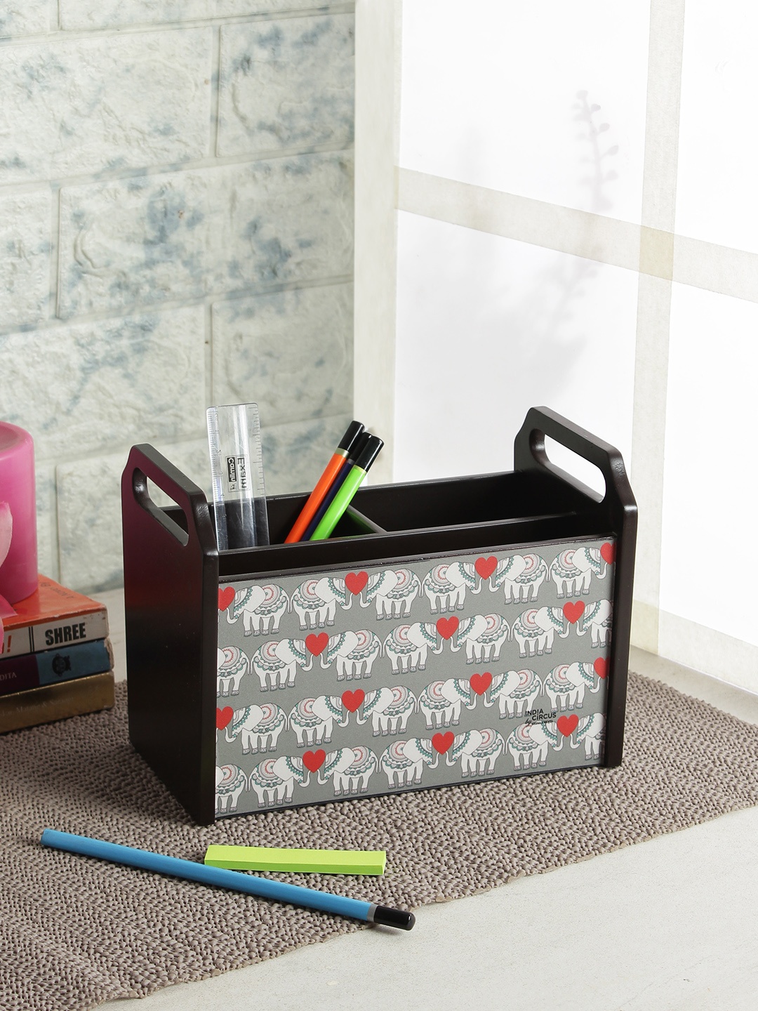 India Circus by Krsnaa Mehta Coffee Brown & Grey MDF Desk Organiser