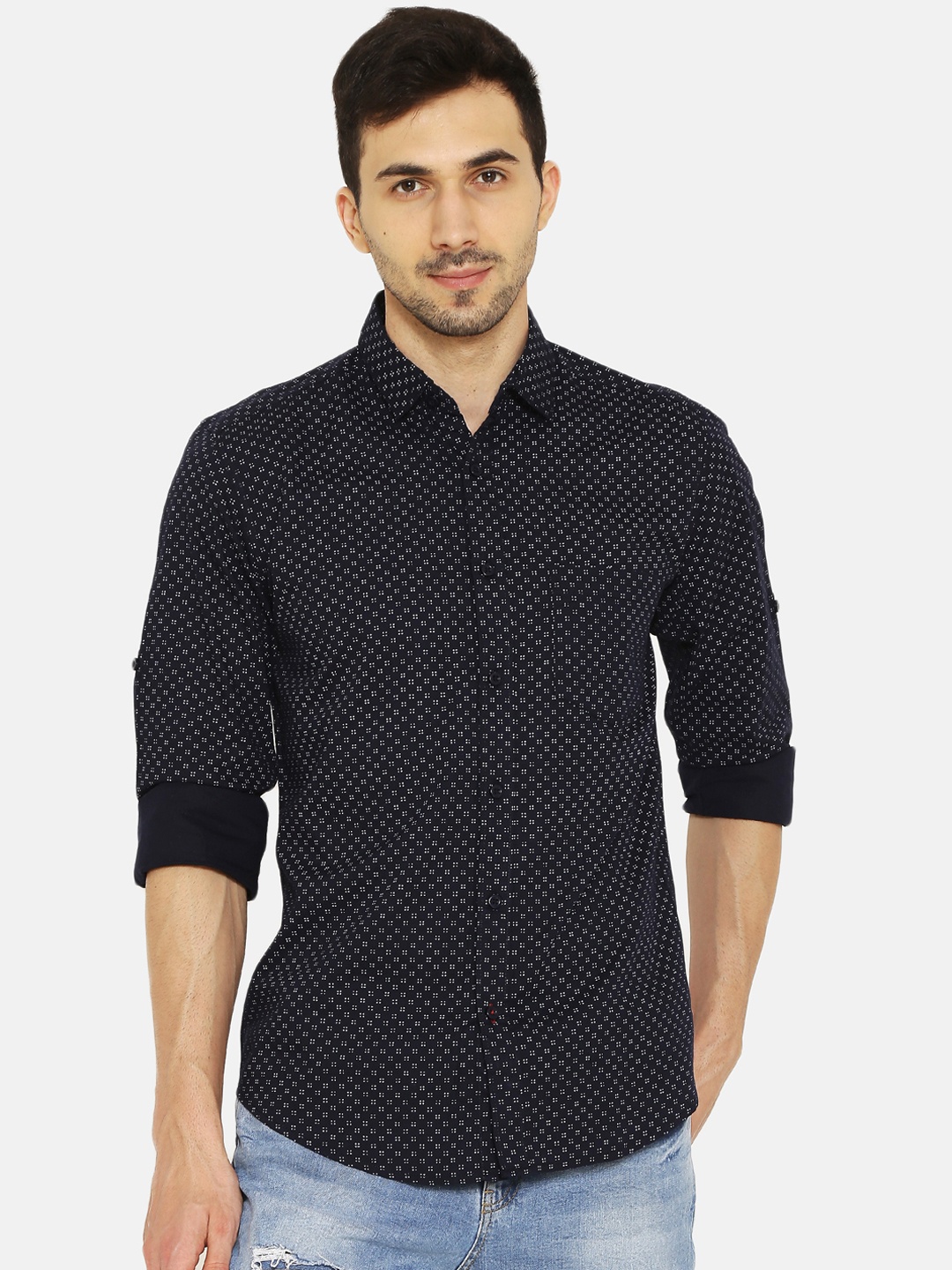 IVOC Men Navy Blue Slim Fit Printed Casual Shirt